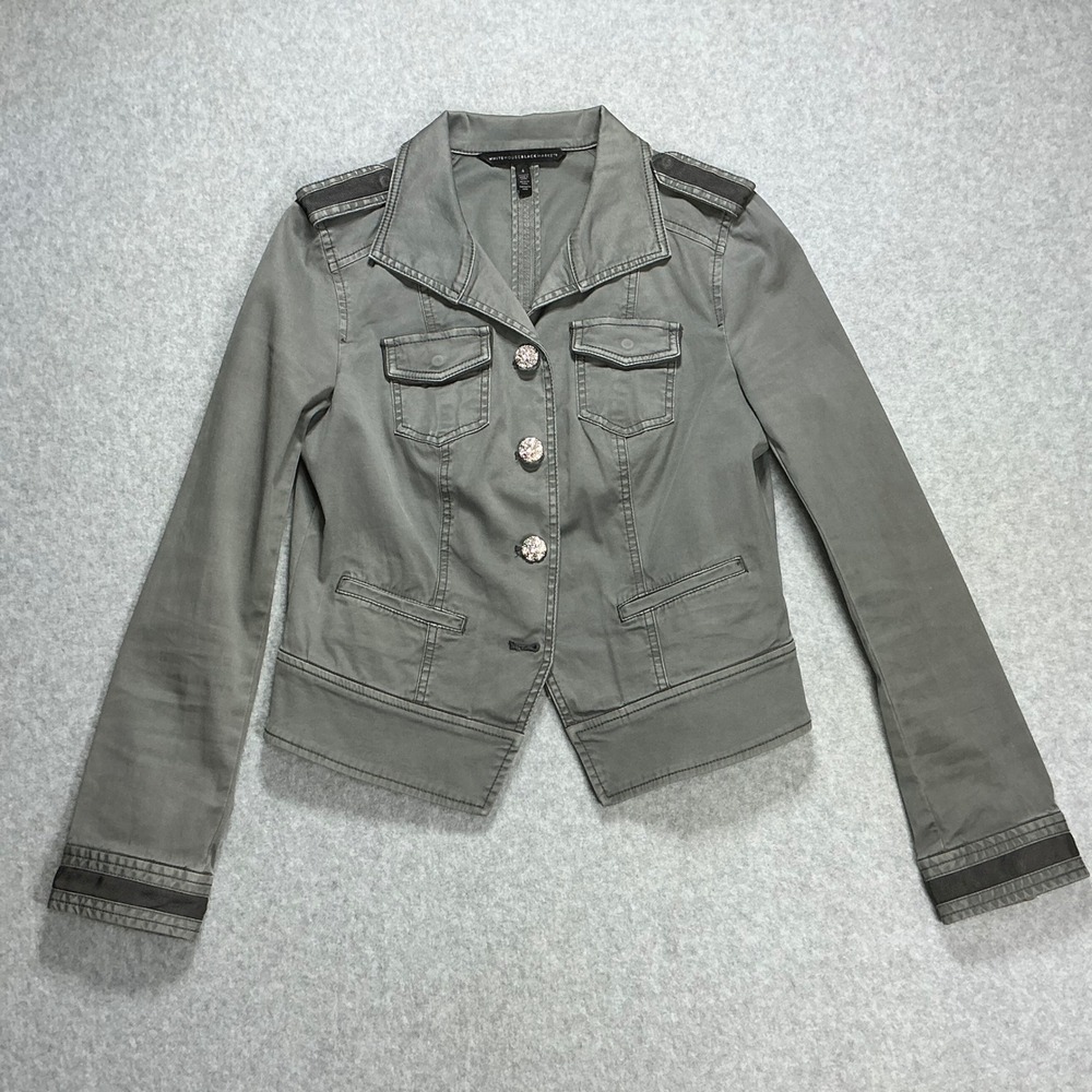 White House Black Market Military Jacket Olive Green Rhinestone Button Womens 4